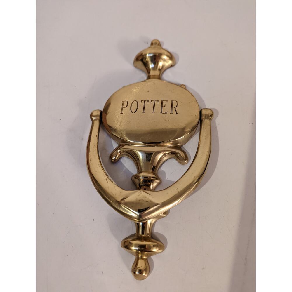 Vintage brass colonial style finial door knocker engraved Potter made in Spain